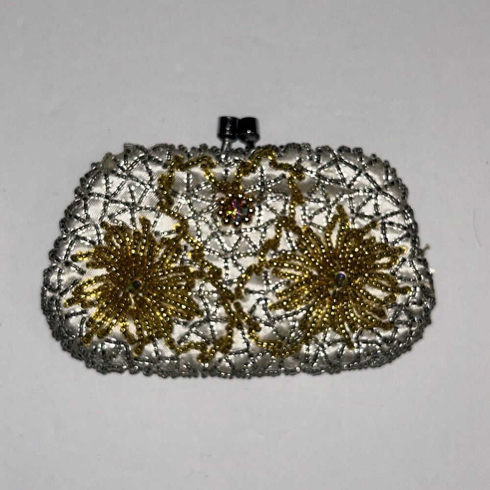 Gold Silver Beaded Coin Purse Vintage Rhinestone Kiss Lock Sunburst Hollywood